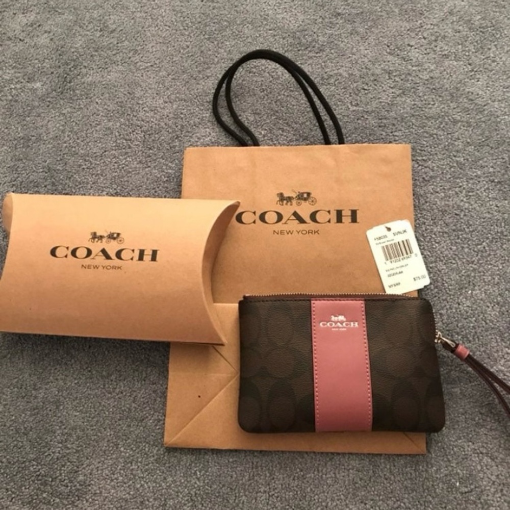 Coach Signature Brown and Pink Wristlet